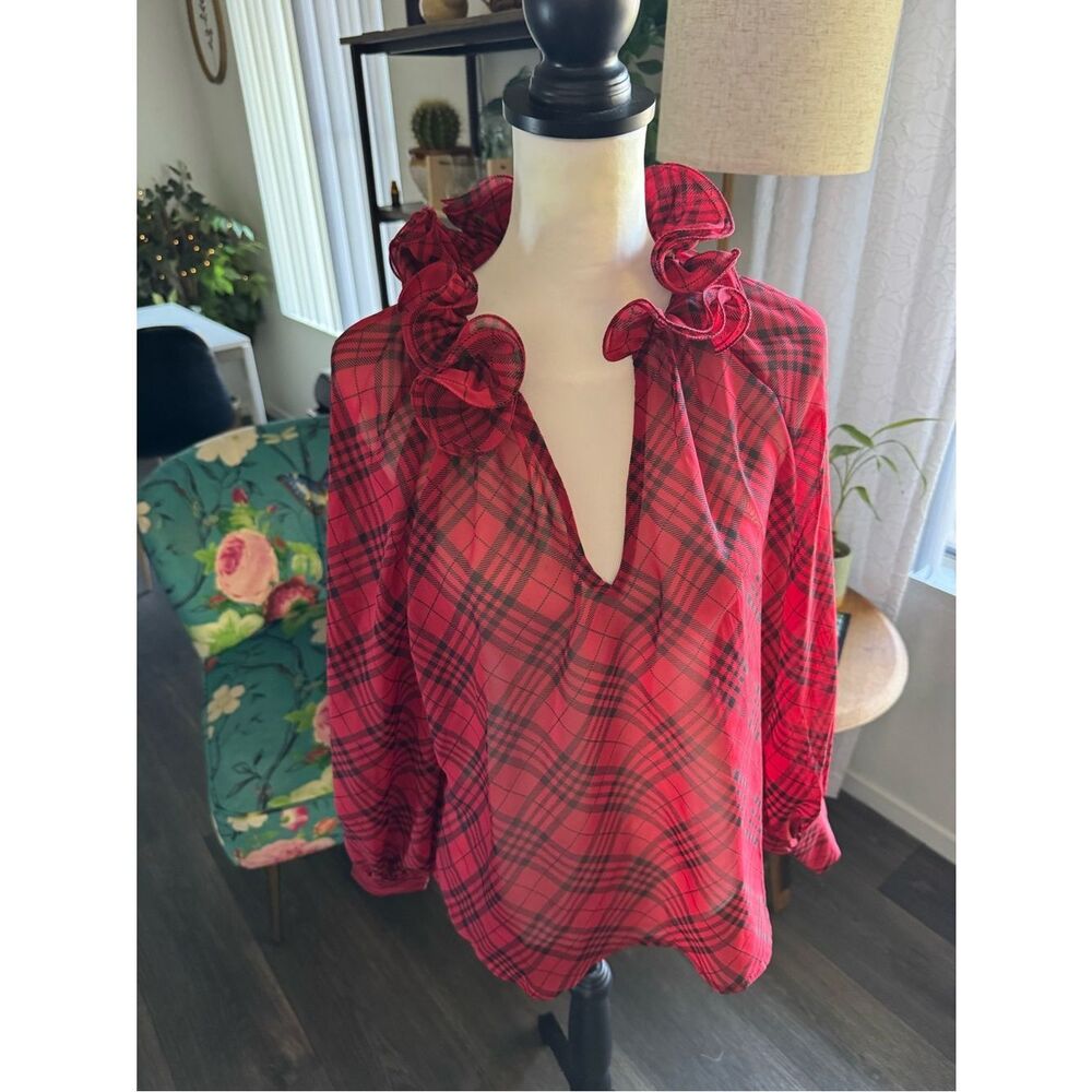Boston Proper Red Plaid Ruffle V-Neck Blouse